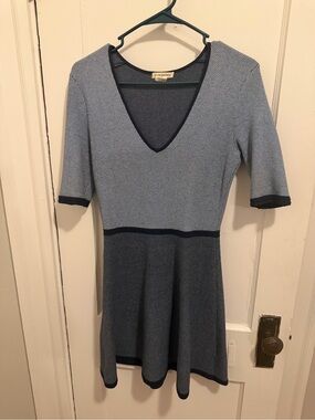 Club Monaco Light Blue and Navy Knit V-Neck Fit-and-Flare Dress